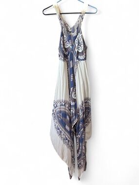 Cost Plus World Market Blue and Cream Asymmetrical Handkerchief-Hem Maxi Dress